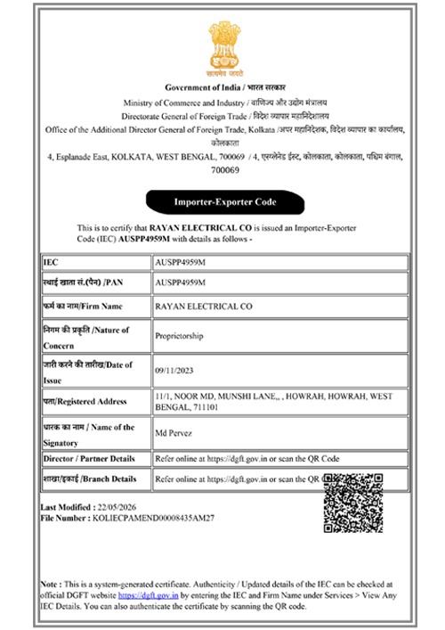 Rayan Electrical Co Importer Exporter Code certificate